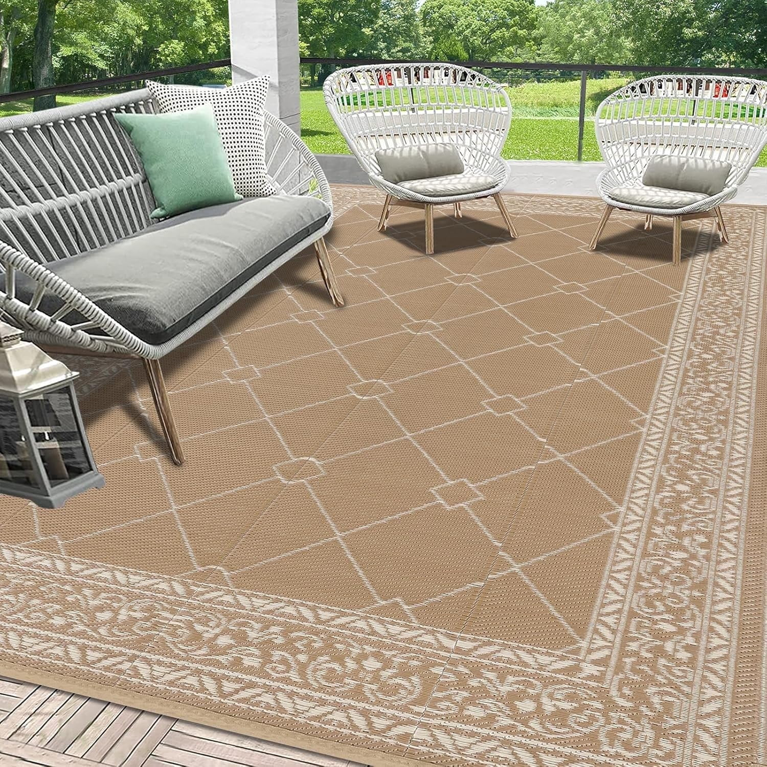 Enyhom Outdoor Rug Waterproof 9'x12', Reversible Plastic Straw Rug RV Camping Rug,Outside Carpet for Porch,Deck,Camper,Balcony,Backyard,Picnic，Beige - Walmart.com | Walmart (US)