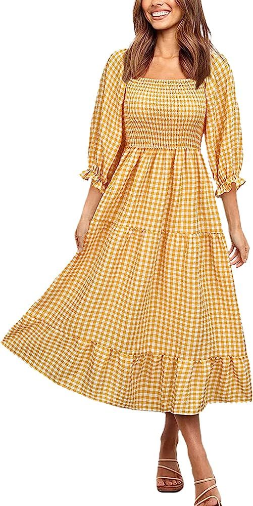 Women's Square Neck Casual Flowy Dress Off Shoulder Backless Plaid Puff Sleeve Ruffle Beach Maxi ... | Amazon (US)