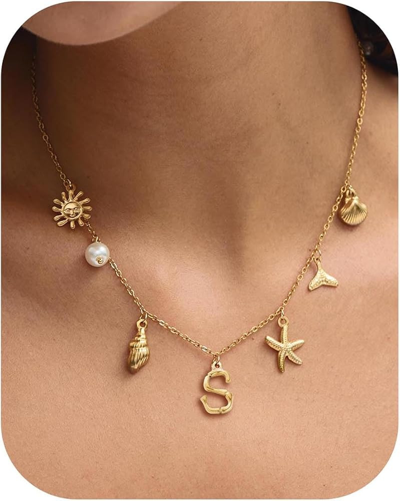 Initial Charm Necklace for Women, 18k Gold Plated Sea Shell Necklace, Dainty A-Z Letter Pendant B... | Amazon (US)