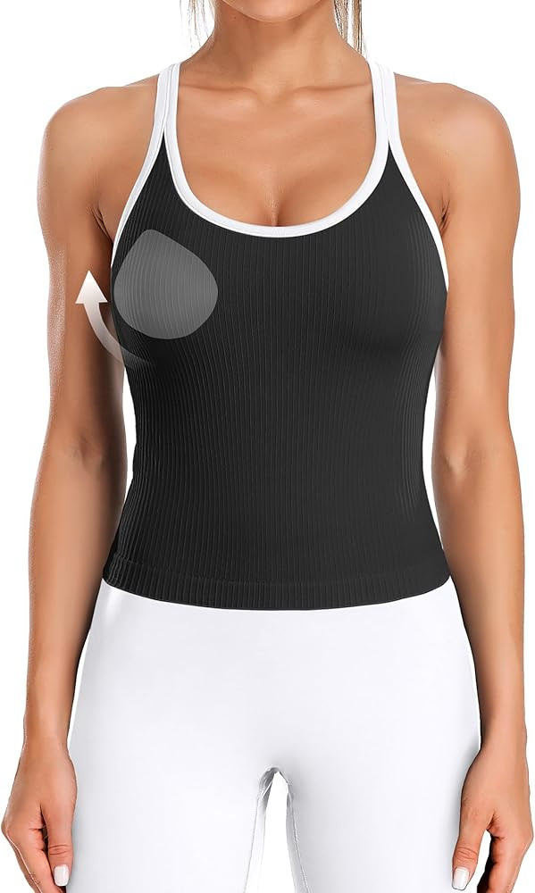 ATTRACO Women Ribbed Workout Crop Tops with Built in Bra Yoga Racerback Tank Top Tight Fit | Amazon (US)
