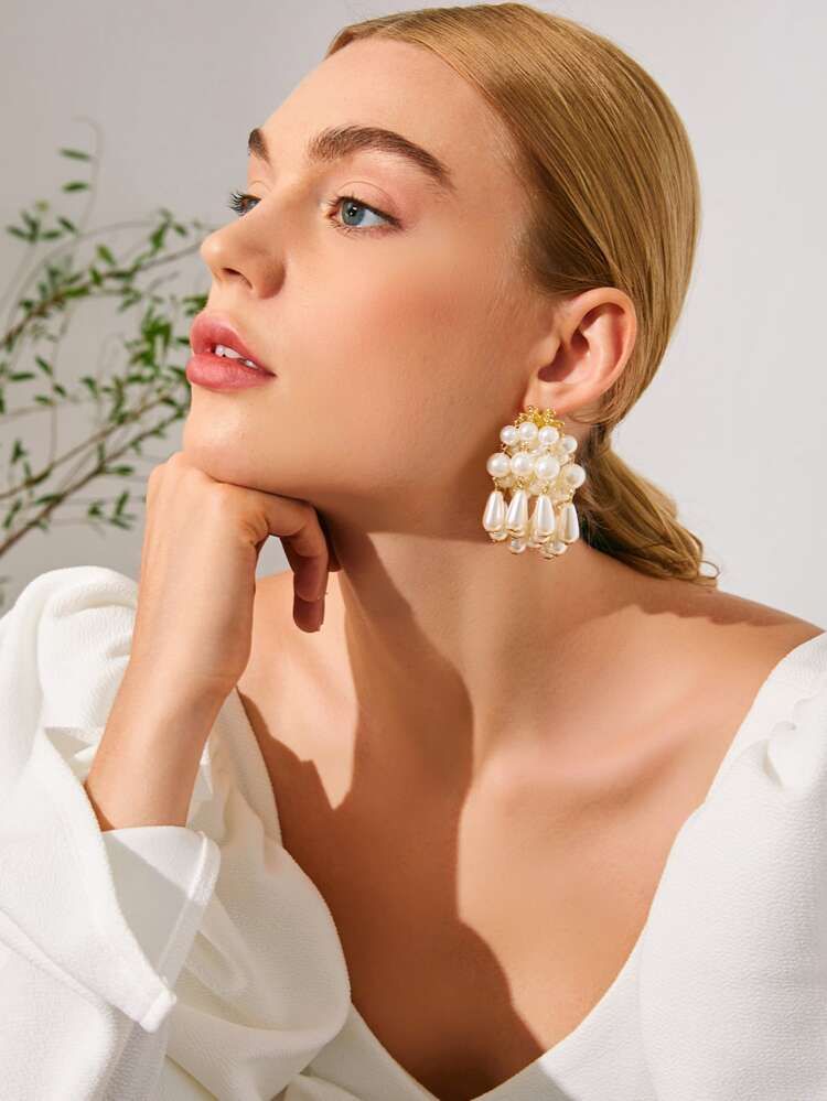 Faux Pearl Beaded Tassel Drop Earrings | SHEIN