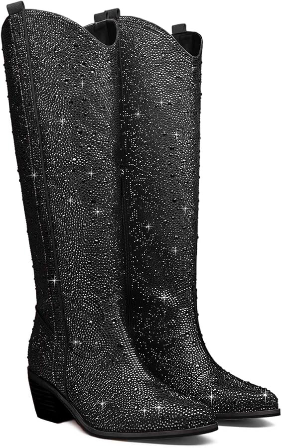 GOSERCE Women's Rhinestone Knee High Cowboy Boots Over the Knee Cowgirl Tall boots Pointed Toe Lo... | Amazon (US)