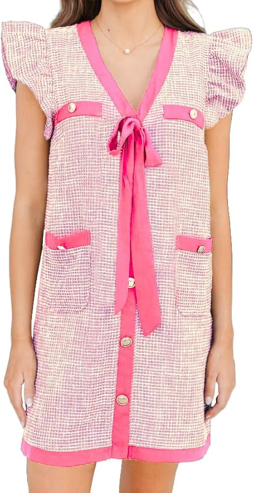 Womens Tweed Dress Elegant V Neck Ruffle Sleeve Button Down Bow Tie Shift Mini Dress with Pockets | Amazon (US)