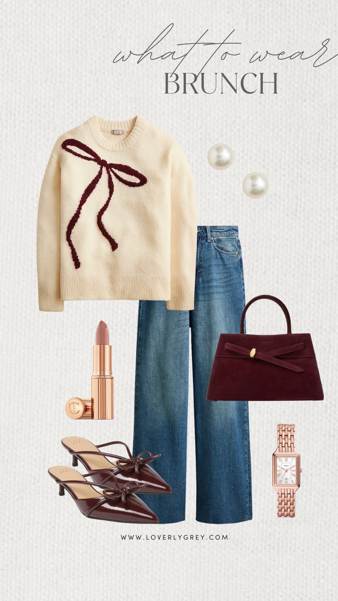 Loverly Grey, what to wear to brunch this holiday season. I love this sweater with the bow detail from J.Crew. I paired it with denim and a pair of heels from Target. I added a watch, pearl earrings, and burgundy bag to complete the look. Loverly Grey, what to wear, brunch 

#LTKSeasonal #LTKootd #LTKgrwm
