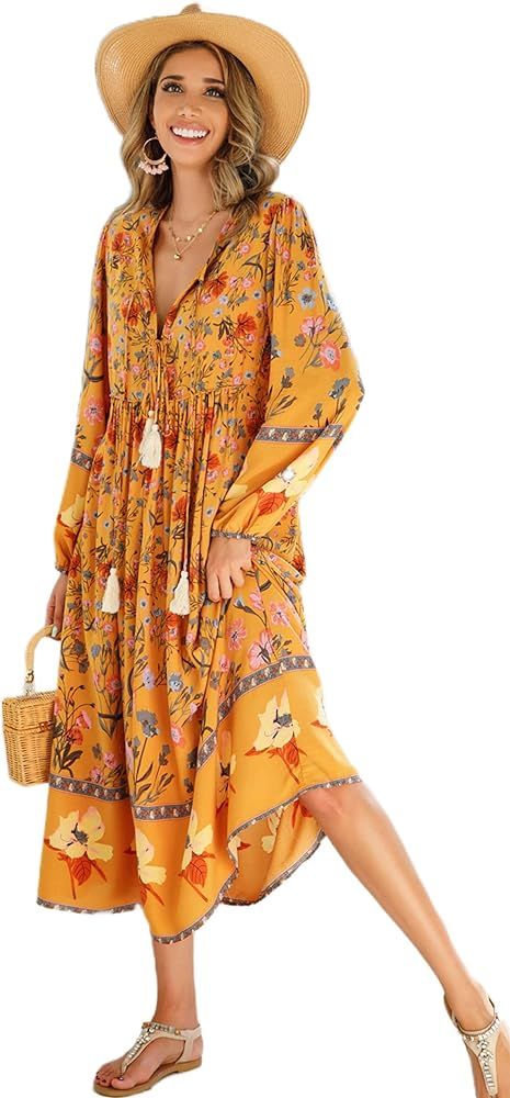 R.Vivimos Women's Long Sleeve Floral Print Retro V Neck Tassel Bohemian Midi Dresses | Amazon (US)