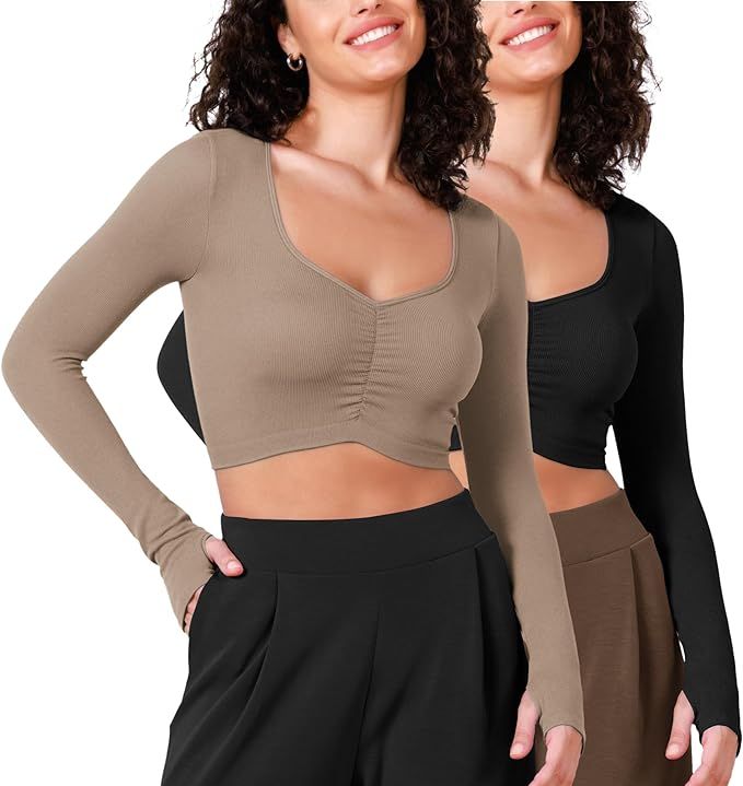 ODODOS 2-Pack Long Sleeve Ruched Front Crop Tops with Thumb Hole for Women Seamless Ribbed Croppe... | Amazon (US)
