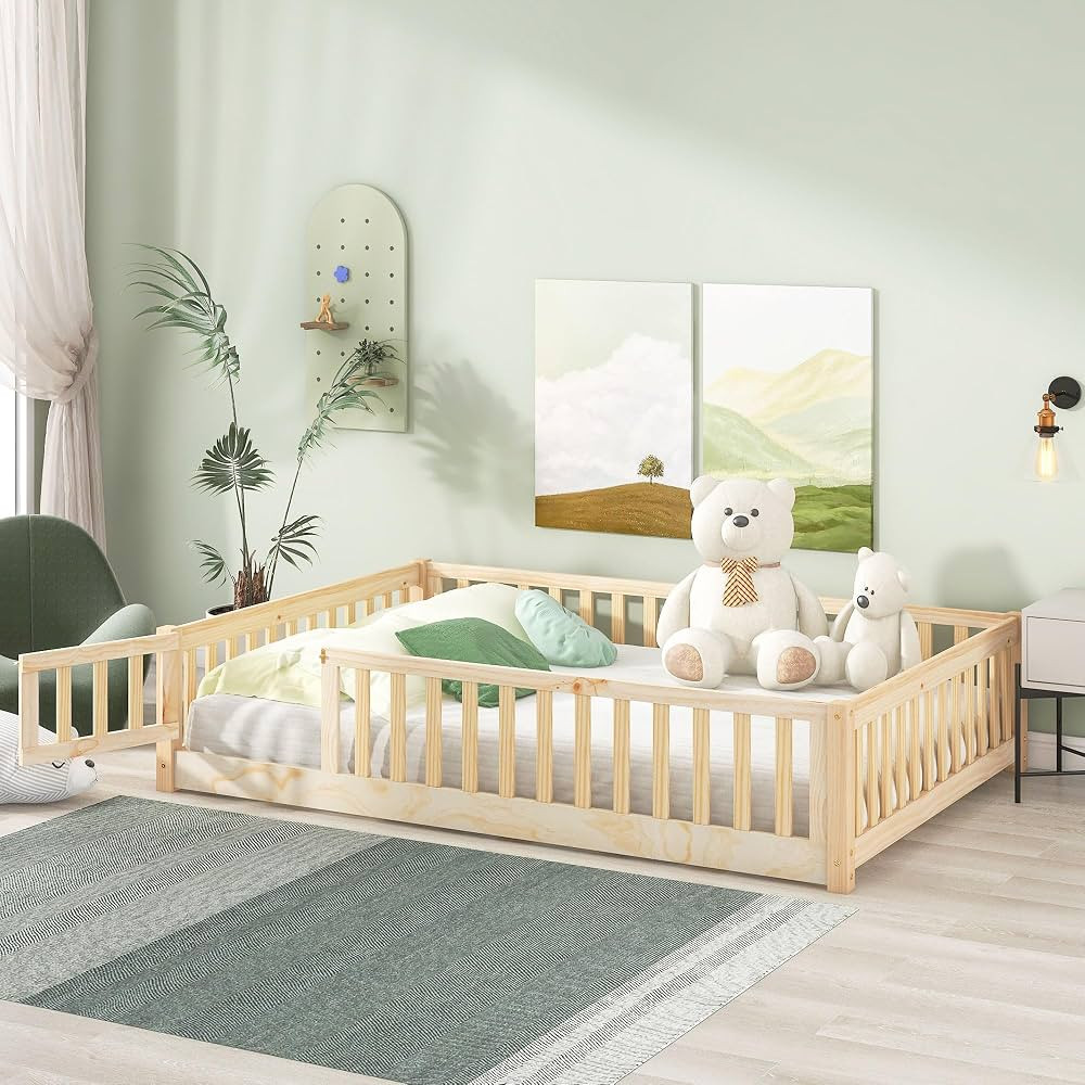 Full Size Floor Bed Frame with Safety Fence and Door, Wood Montessori Floor Bed with Slat Support... | Amazon (US)