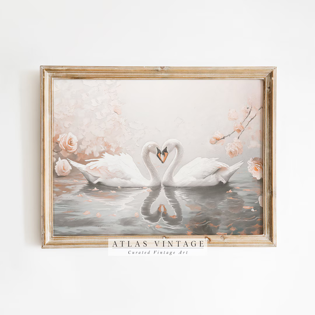 Impresión de cisne besándose en el lago, pintura de cisne de San Valentín, arte de pared impri... | Etsy (US)