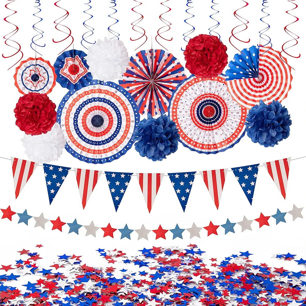 29PCS 4th/Fourth of July Patriotic Decorations Set - Red White Blue Paper Fans,USA Flag Pennant,S... | Amazon (US)