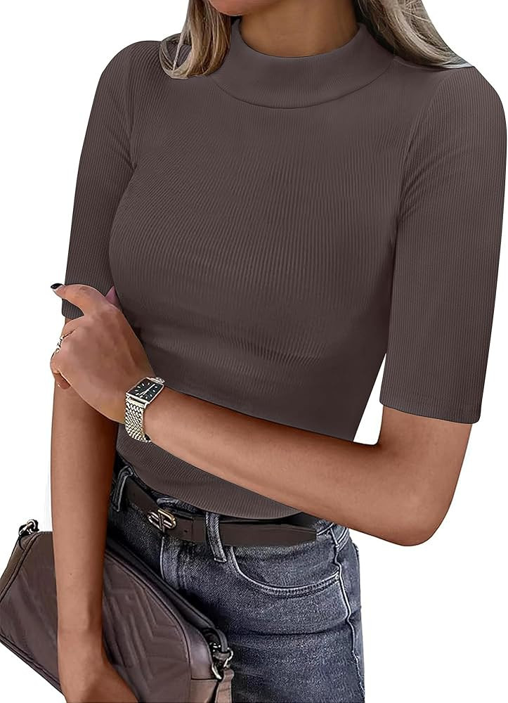 ANRABESS Womens Tops Mock Neck Half Sleeve Shirts Ribbed Knit Slim Fit Basic Tee 2026 Summer Fall... | Amazon (US)