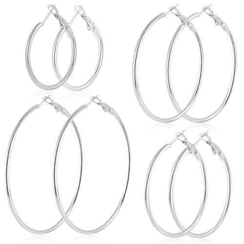 4 Pairs Stainless Steel Hoop Silver 30/40/50/60 mm Earrings for Women Hoops Hypoallergenic Thin Lightweight Dangle Set | Amazon (US)