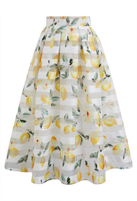 Lemon Printed Stripe Jacquard Organza Midi Skirt | Chicwish