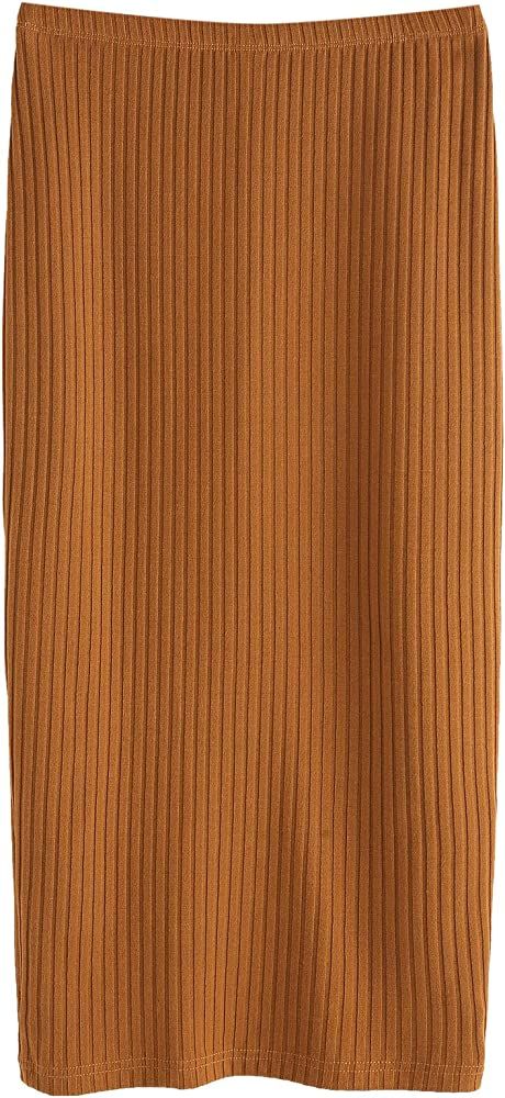 Women's Basic Plain Stretchy Ribbed Knit Split Full Length Skirt | Amazon (US)