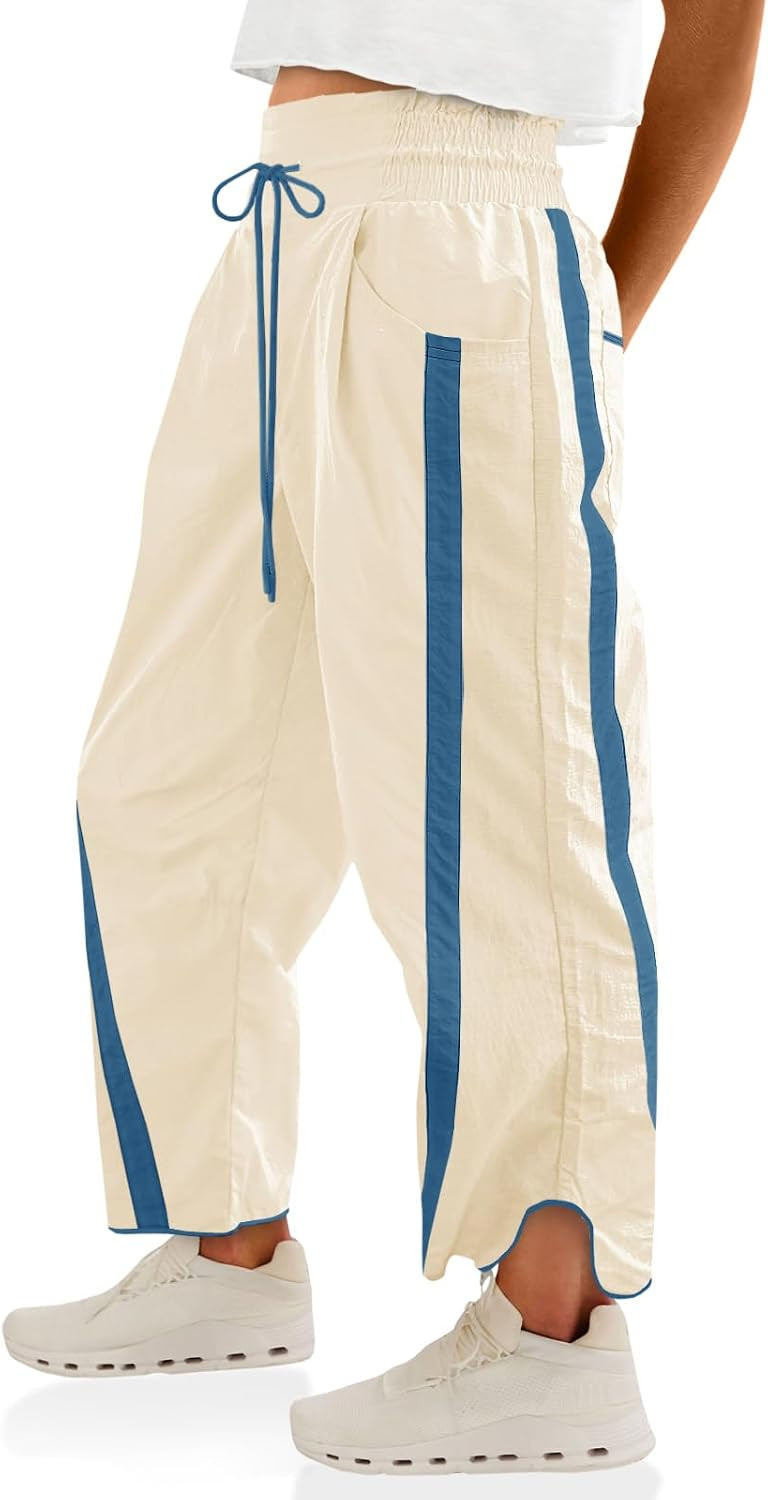 Fisoew Women's Baggy Wide Leg Pants Casual Drawstring Elastic Waisted Contrast Color Workout Y2K Track Pants | Amazon (US)