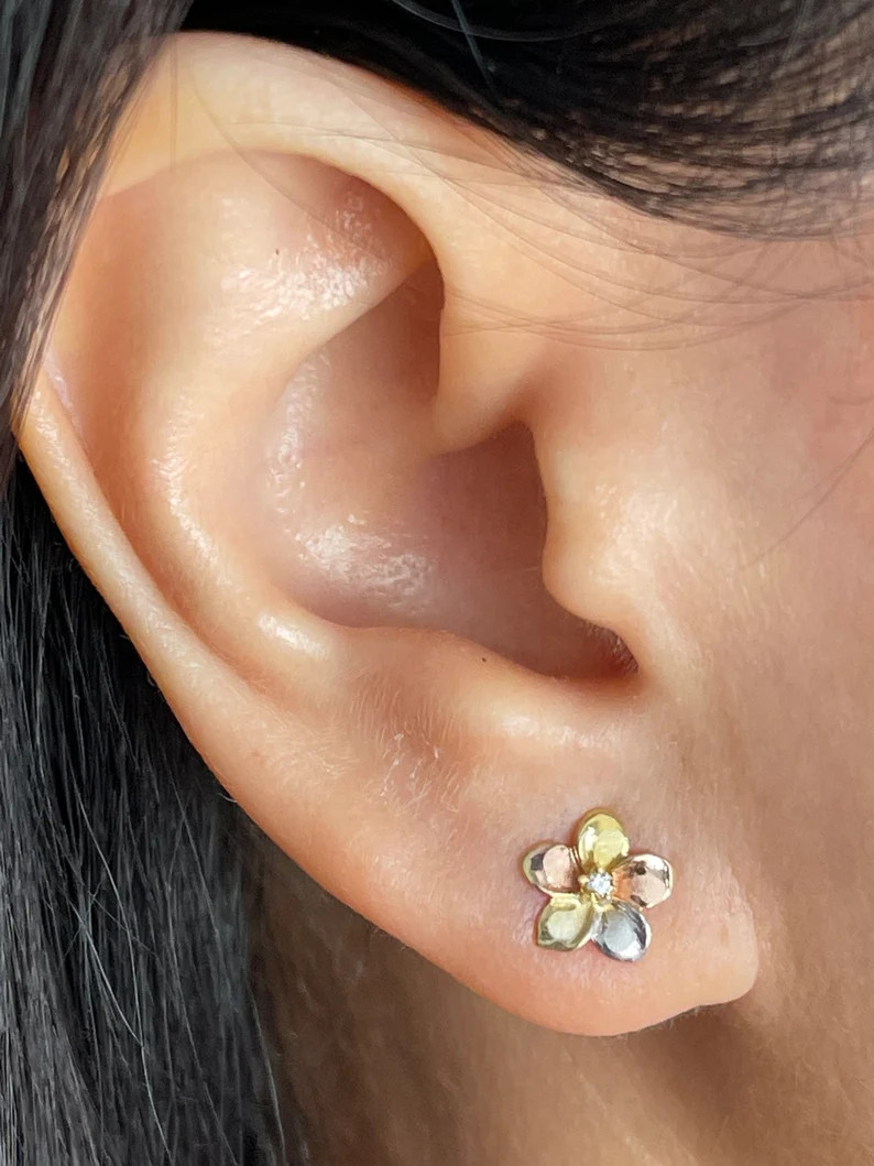 14K Solid Tricolor Gold 9 mm Plumeria Stud Earrings: Hawaiian Heirloom Jewelry | Etsy (US)