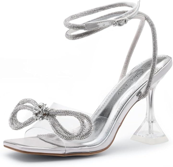 Shoe Land Women’s Clear Rhinestone Bow Heels – Double Bowknot & Adjustable Ankle Strap | Crys... | Amazon (US)