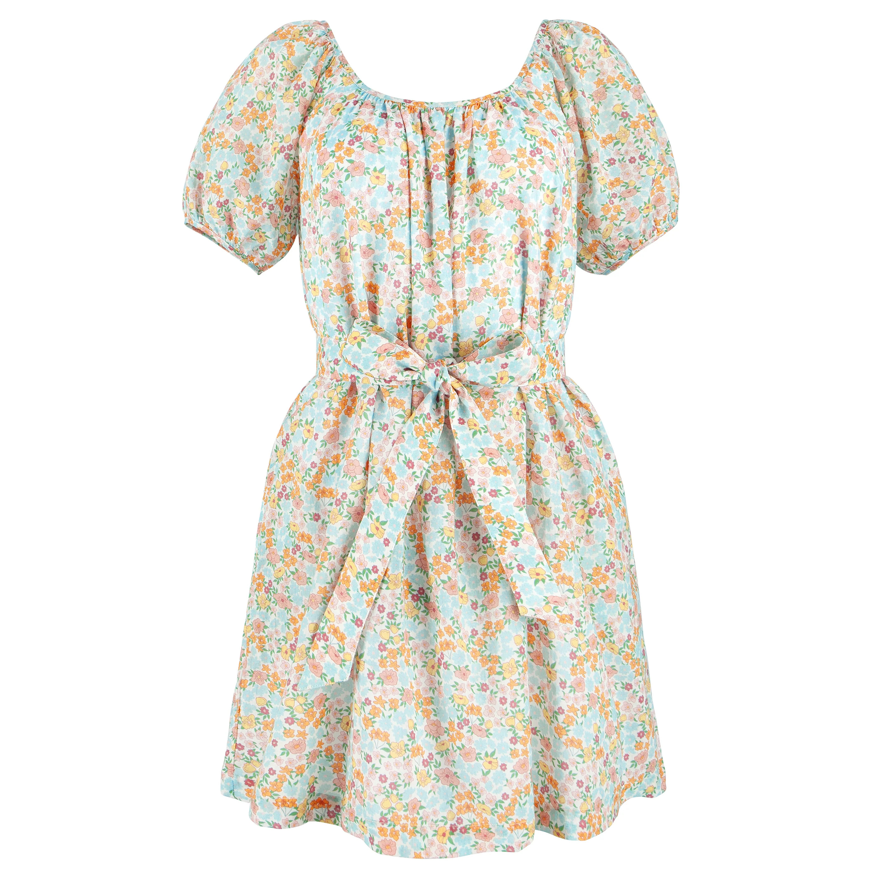 women's hawaiian floral short sleeve gathered square neckline dress | minnow