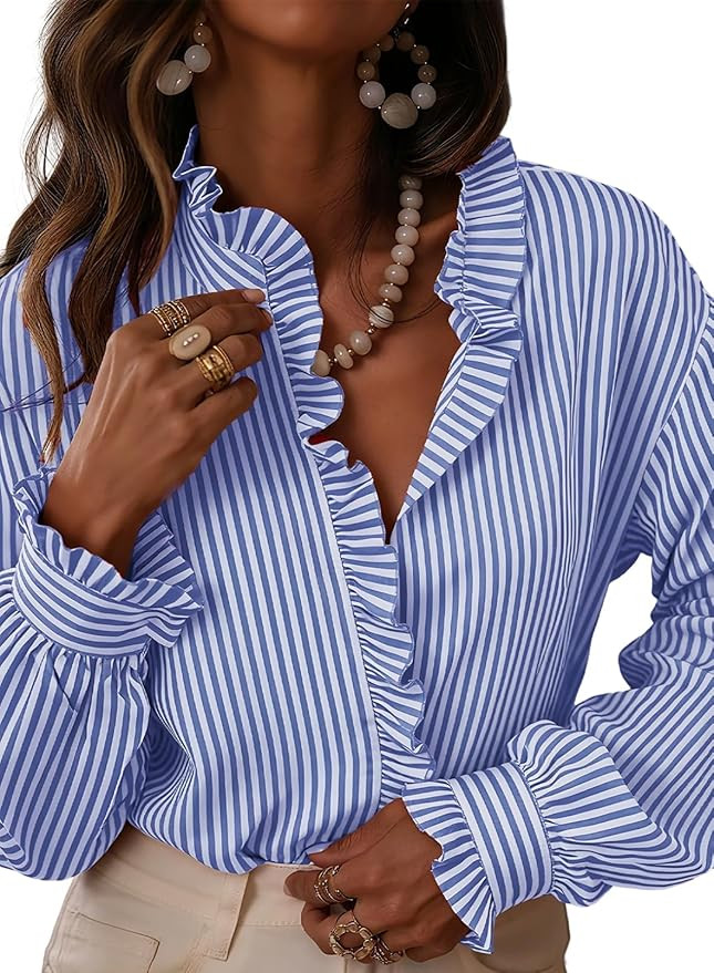 Astylish Womens Plaid Ruffle V Neck Button Down Blouse Casual Long Sleeve Gingham Trendy Tops Wor... | Amazon (US)