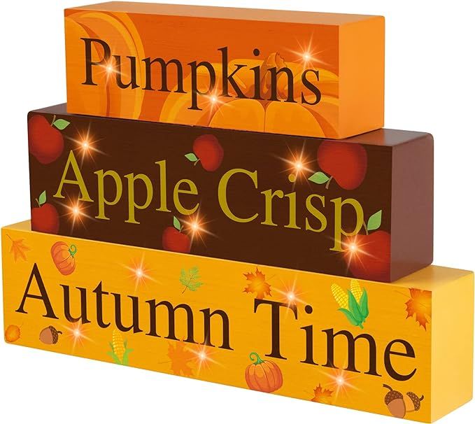 Fall Wooden Block Sign with Led Lights- Fall Pumpkins Apple Crisp Autumn Time Wood Sign for Table... | Amazon (US)