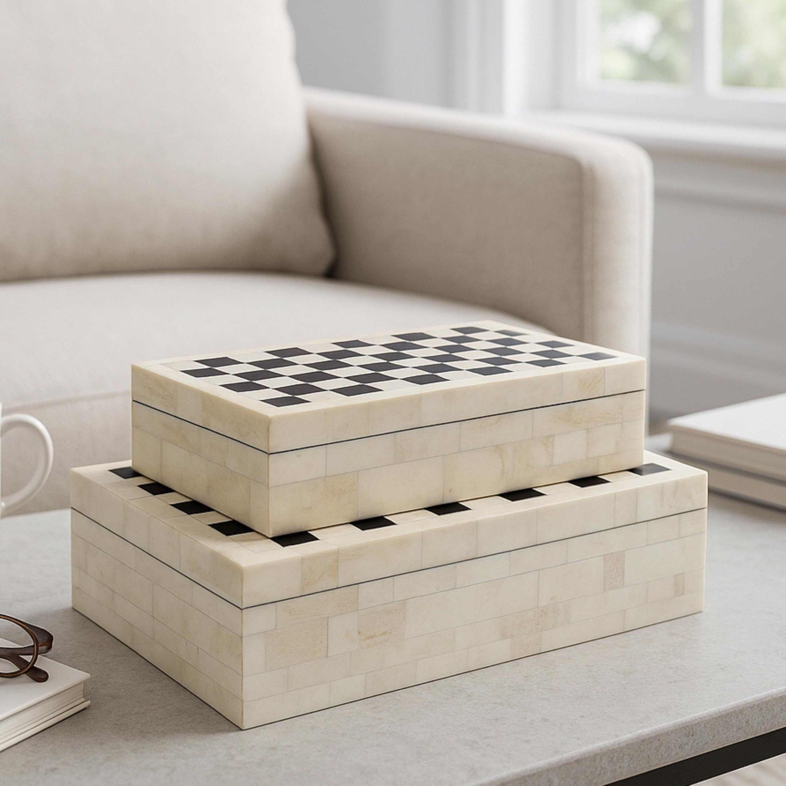 Set of 2 Checkered Decorative Storage Boxes with Lids – Resin & Wood Home Organizer Keepsake Bo... | Amazon (US)
