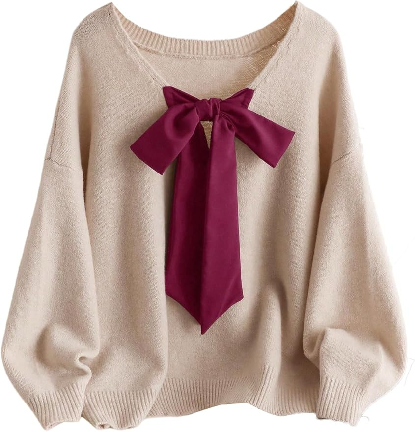 SOLY HUX Women's Plus Size Sweaters Pullover Bowknot V Neck Long Sleeve Knit Tops Fall Clothes | Amazon (US)