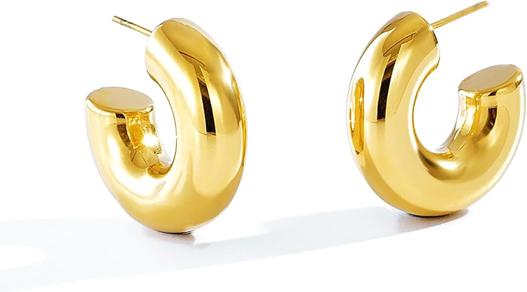 Chunky Gold Hoops Earrings for Women Thick 18K Real Gold Circle Open Hoop Lightweight Hollow Earr... | Amazon (US)
