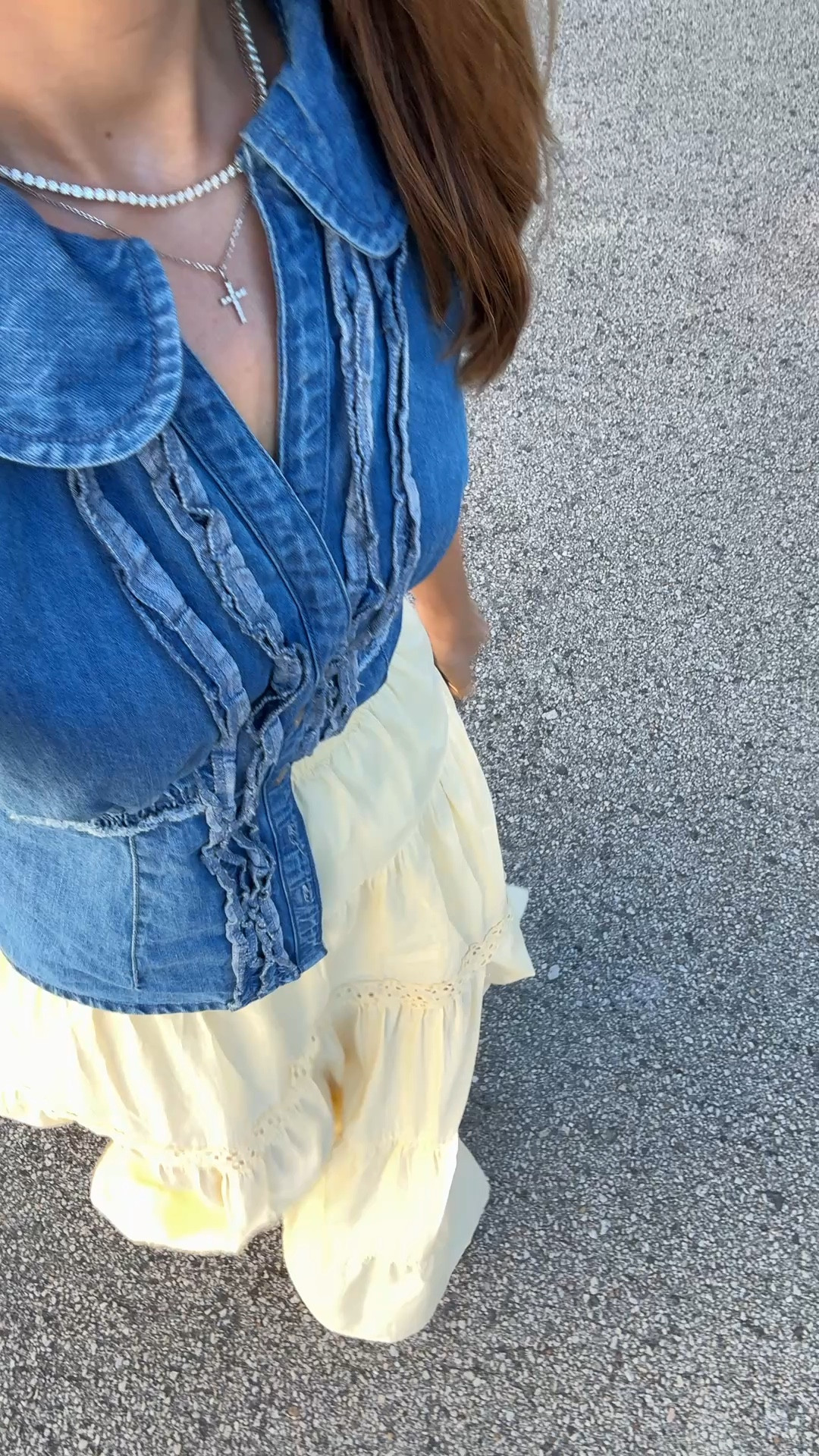 My spring outfit if the day! Butter yellow maxi skirt in XXS. Denim shirt in XXS. Cushioned jelly ballet flats are whole sizes only. I’m a 6.5 and sized down to a 6 per reviews. Elevated casual outfit. Mom outfit. Vacation outfit. Summer outfit. 

#LTKPetite #LTKTravel #LTKootd