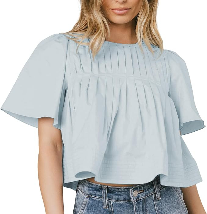 Women's Short Ruffled Sleeve Pleated Tee Shirts Summer Cotton Babydoll Tops with Back Zipper | Amazon (US)