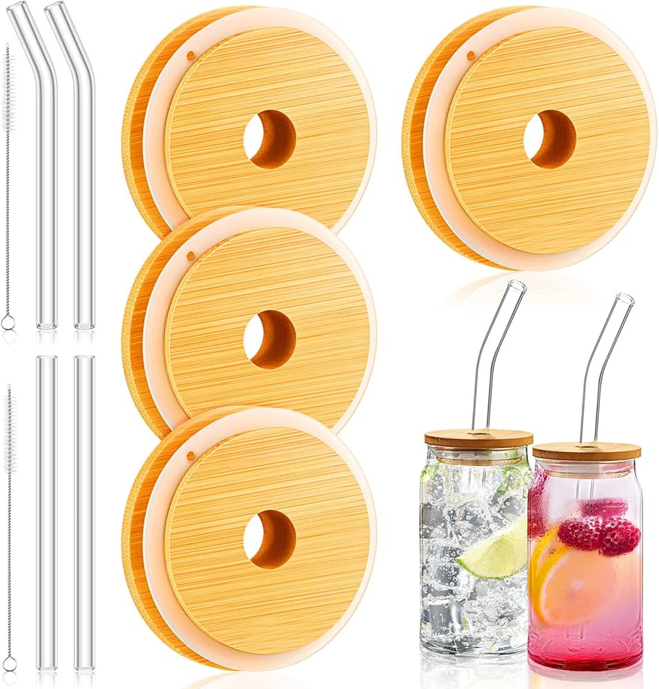 16oz Bamboo Lids for Beer Glass with Straw Hole Drinking Glass Cups Anticorrosion Beer Can Cups L... | Amazon (US)