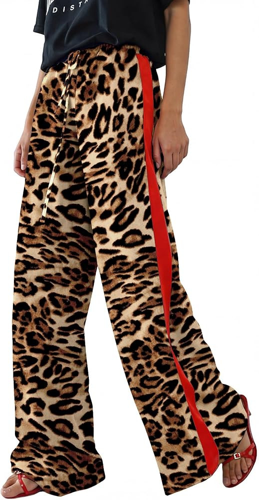 Rapbin Women's Leopard Wide Leg Pants Casual Side Striped High Waisted Palazzo Trousers with Pock... | Amazon (US)