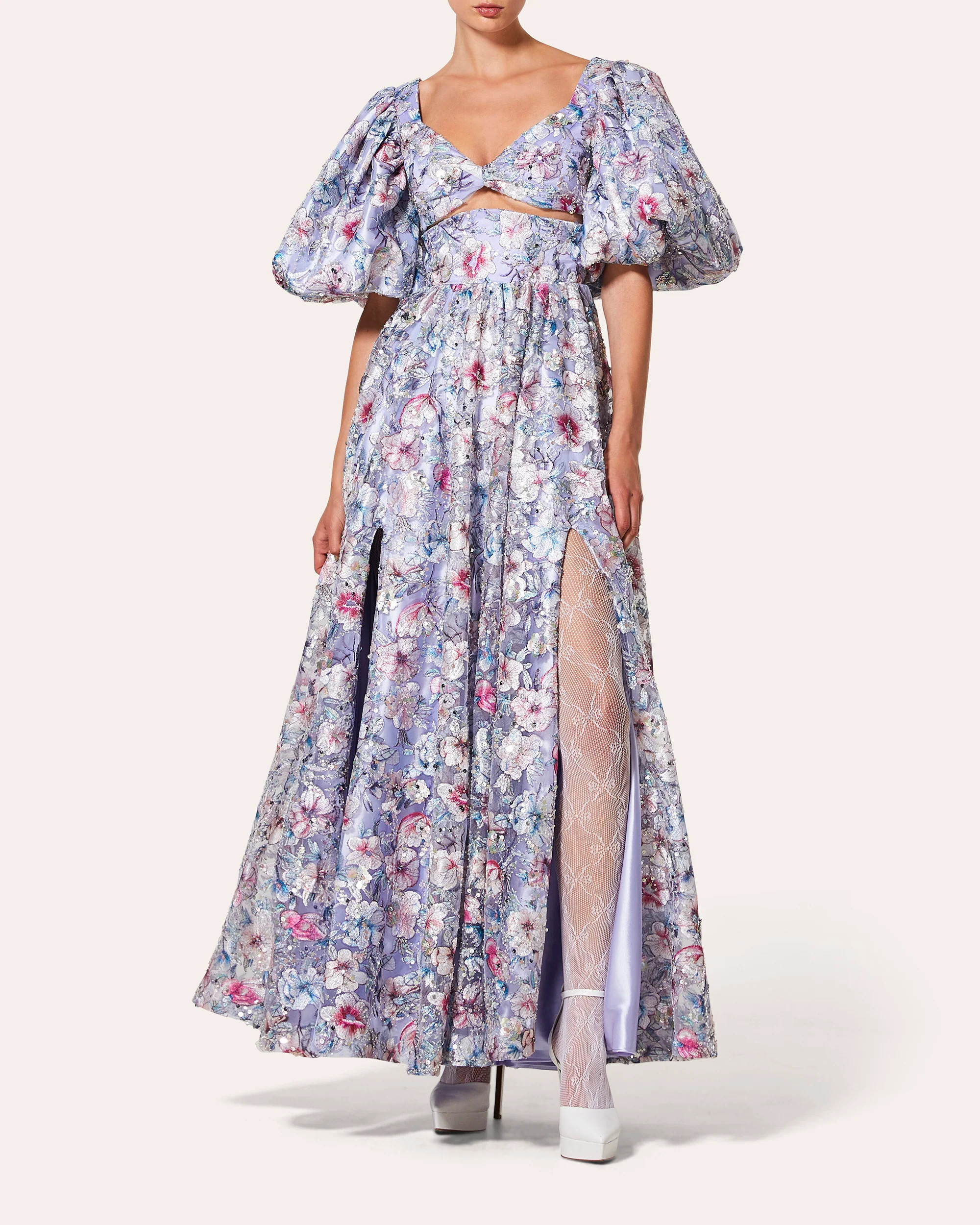 RVNG Couture Women's Violet Floral Embroidered Cutout Puff-Sleeve Gown Polyester/Spandex | Olivela
