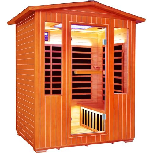 Outdoor Sauna 4 Person Infrared Saunas Outdoor Dry Sauna Room Wood Wooden Sauna Canadian Fir Red Cedar Low EMF 2600W/240V with Oxygen Bar, 7 Color Light, Control Panel, Speaker - 62.2*46.9*81.9 IN | Amazon (US)