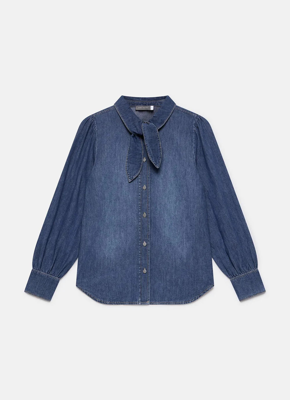 Indigo Tie Neck Denim Shirt | Mint Velvet