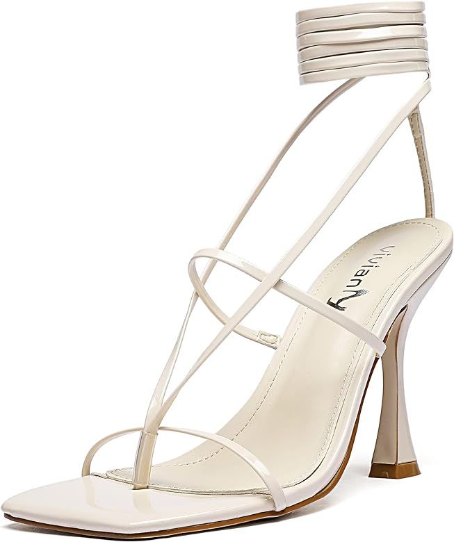 vivianly Square Toe Lace Up Thong Heeled Sandals Strappy Stiletto High Heels Wedding Dress | Amazon (US)