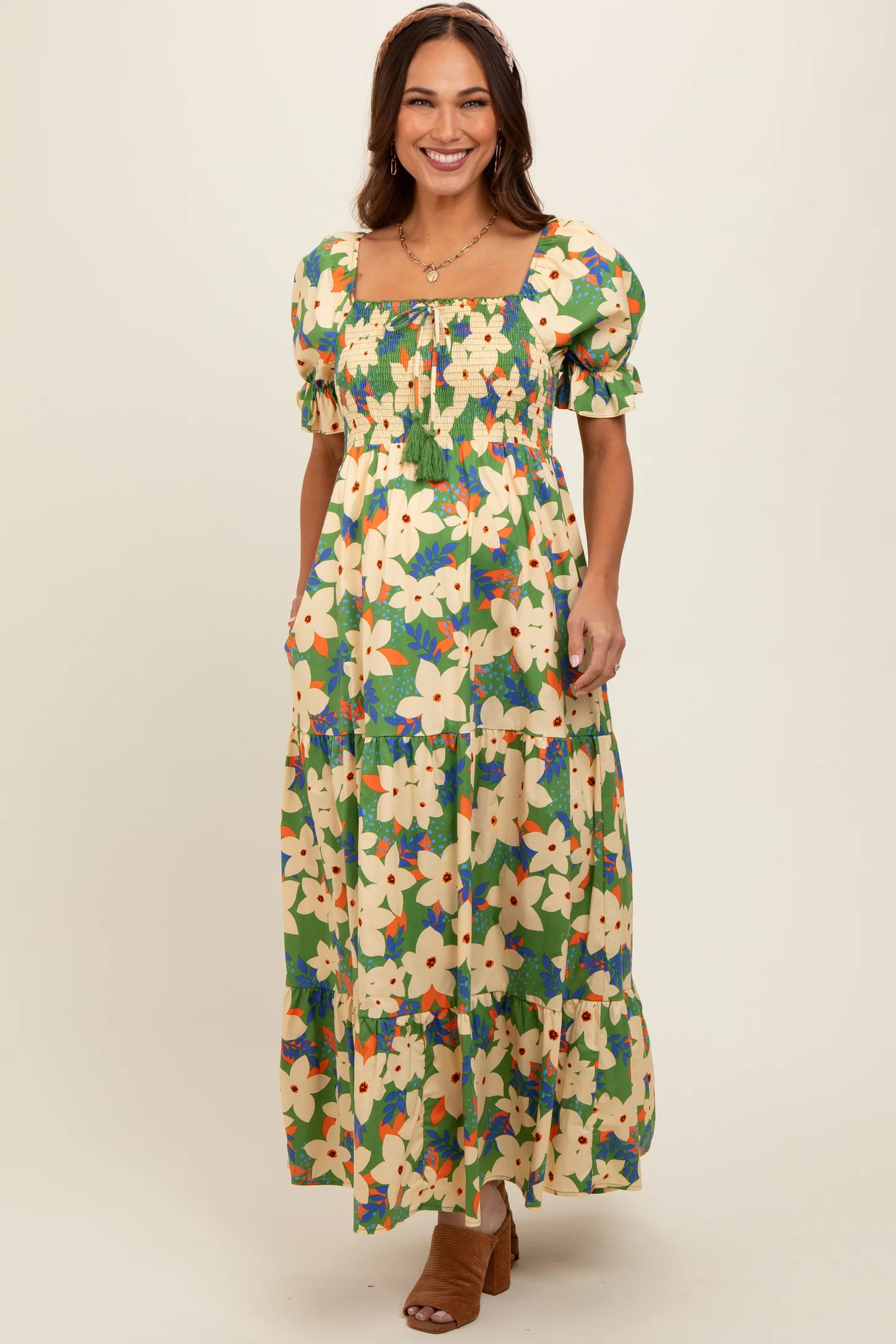 Green Floral Puff Sleeve Maternity Maxi Dress | PinkBlush Maternity