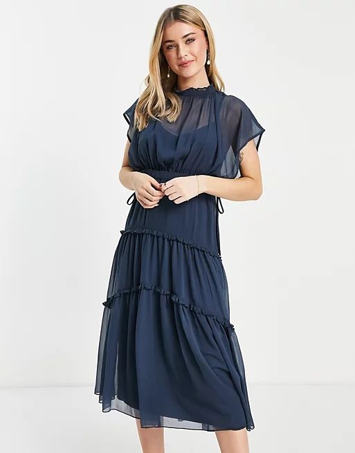 ASOS DESIGN high neck soft midi dress with tiered skirt in dusty blue | ASOS (Global)