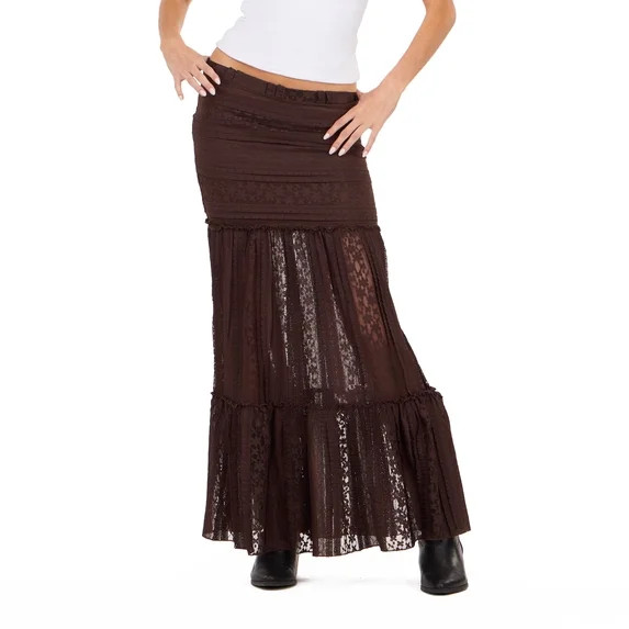 Forever 21 Women’s Lace Maxi Skirt with Tiered Hem Mid Rise Fit Elegant Casual Style, XS-XL | Walmart (US)