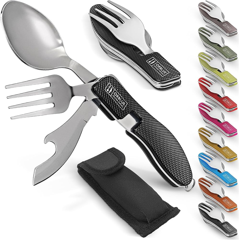 Orblue 4-in-1 Camping Utensils, 2-Pack, Portable Stainless Steel Spoon, Fork, Knife & Bottle Open... | Amazon (US)