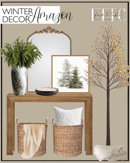 Amazon Winter Decor.  Follow @farmtotablecreations on Instagram for more inspiration. Plank+Beam Modern Solid Wood Console Table, 46.25 Inch, Sofa Table, Narrow Entryway Table for Hallway, Behind The Couch, Living Room, Foyer, Easy Assembly, Pecan. Arched Mirror,Gold Traditional Vintage Ornate Baroque Mirror,Antique Brass Mirror,Wall Mounted Mirrors for Entryway/Fireplace/Living Room/Hallway/Bathroom. Amanti Art Framed Canvas Wall Art Print Vintage Wooded Holiday Trees in Snow by Katie Pertiet (16 in. W x 16 in. H), Sylvie Gold Frame - Small.  Pottery vase Large ceramic vase Rustic Ceramic Circular Flower Vase, Vintage Floor Tall Vases Farmhouse Decor for Living Room Entryway Table Centerpieces. 18 Inch Artificial Pine Branches Green Pine Stems Real Touch Pine Branches Xmas Greening Pine Branches for DIY Flower Arrangement Home Indoor Outdoor Christmas Decoration. Elife 18x18 Soft Canvas Christmas Winter Snowflake Style Cotton Linen Embroidery Throw Pillows Covers w/Invisible Zipper for Bed Sofa Cushion Pillowcases for Kids Bedding. KOUBOO 1060038 Large Round Seagrass Basket, 20" x 20" x 24", Brown. BIRCHIO Beige Extra Soft Chunky Knit Blanket Throw, 100% Hand Knit with Chenille Yarn, Super Fluffy and Extra Soft, Big Throw Blanket (Beige,50 * 60inch). Fencer Wire 8 Feet, 96inch Premium Lighted Pussy Willow Tree w/ 240 LED Warm White Lights, Light Tree, IP44 & UL588 Approved, Pre-lit Willow Lighted Twig Tree for Indoor Holiday, Party Decoration. EasyJoy Ultra Soft Fluffy Shaggy Area Rug Faux Fur Rug Chair Cover Seat Pad Fuzzy Area Rug for Bedroom Floor Sofa Living Room. Napa Home & Garden OUDH Noir 6-Wick Candle Tray. Winter Decor. Winter Decor Finds. Cozy Winter Decor. Amazon Home. Amazon Home Finds. Amazon Winter Decor. Winter Refresh. 

#LTKhome #LTKfindsunder50 #LTKsalealert