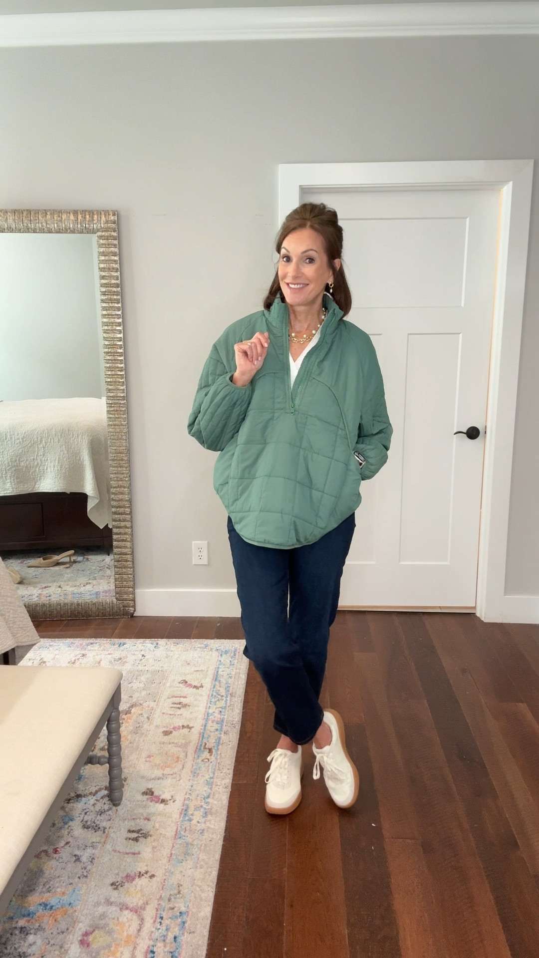 Quilted pullover for Fall/winter 
Size large 
Available in several colors 

Sleeveless sweater - L

Jeans - size 10 (code: ANNIEKXSPANX )

Fall casual outfit 

#LTKStyleTip #LTKMidsize #LTKTall