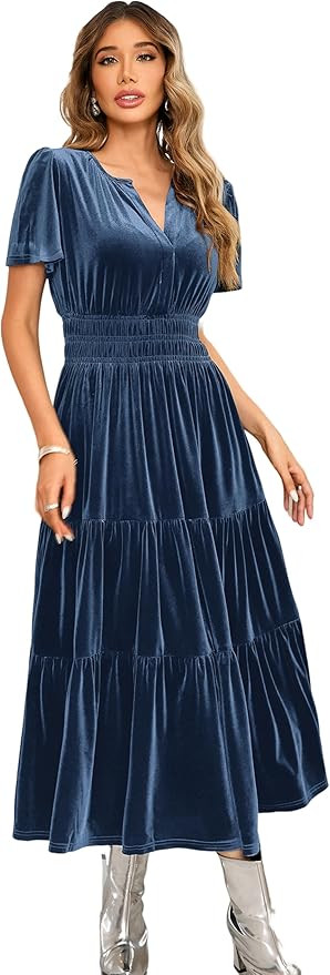 R.Vivimos Women's Fall Winter Vintage Velvet Dress Short Sleeve V Neck Elastic Waist Tiered Ruffl... | Amazon (US)
