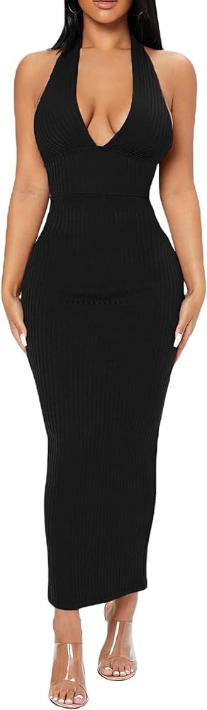 Floerns Women's Plunging Deep V Neck Backless Ribbed Knit Tie Back Bodycon Maxi Dress | Amazon (US)