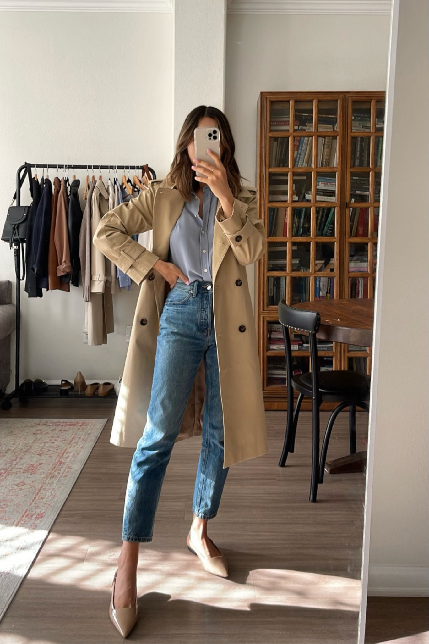 Spring workwear with a trench 

Silk button up - xs
Straight leg jeans - 30% off, i sized down one 
Nude slingback heels 
Linked similar trench recommendations! 

#LTKunder100 #LTKsalealert #LTKworkwear