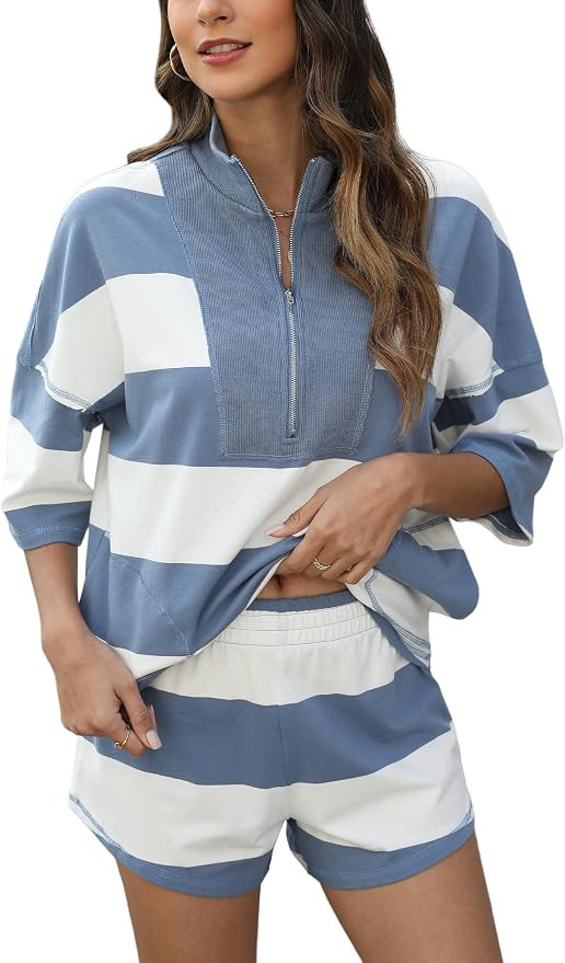 Womens Cotton Half Zip Retro Set Elastic Waist Short Striped Stylish Comfortable Versatile Active... | Amazon (US)