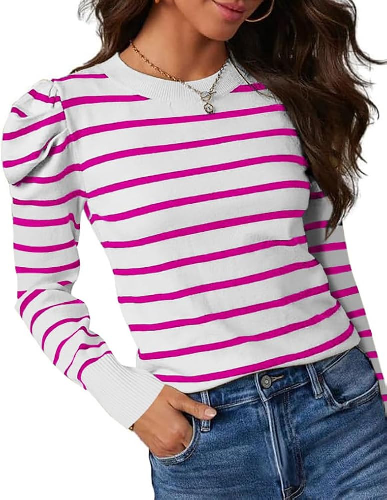 UNCLECAT Women's Striped Sweater Trendy Lightweight Sweaters Puff Long Sleeve Tops Casual Knit Pu... | Amazon (US)