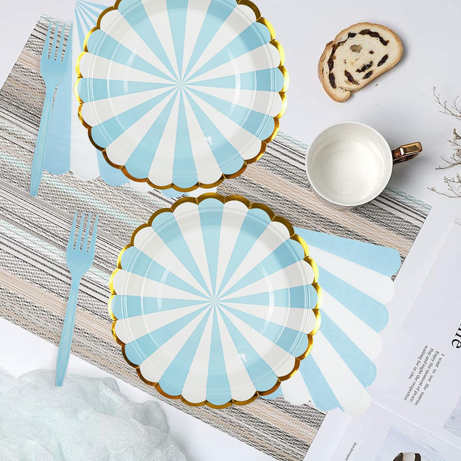 72PCS Blue Paper Plates and Napkins Party Supplies, Gold Foil Edge Scalloped Striped Paper Plates... | Amazon (US)