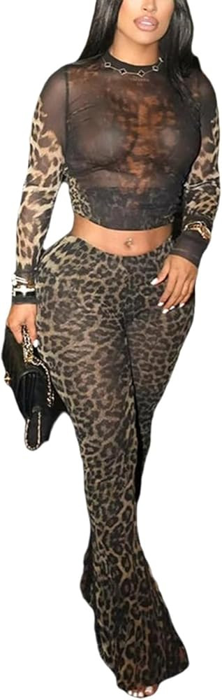Ophestin Sexy Two Piece Club Outfits for Women Print Mesh See Through Long Sleeve Top Flared Body... | Amazon (US)