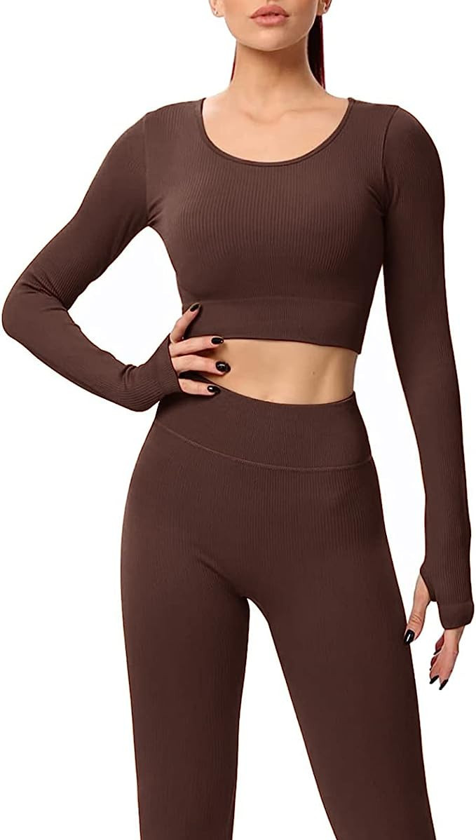 Jetjoy Exercise Outfits for Women 2 Pieces Ribbed Seamless Yoga Outfits Sports Bra and Leggings S... | Amazon (US)