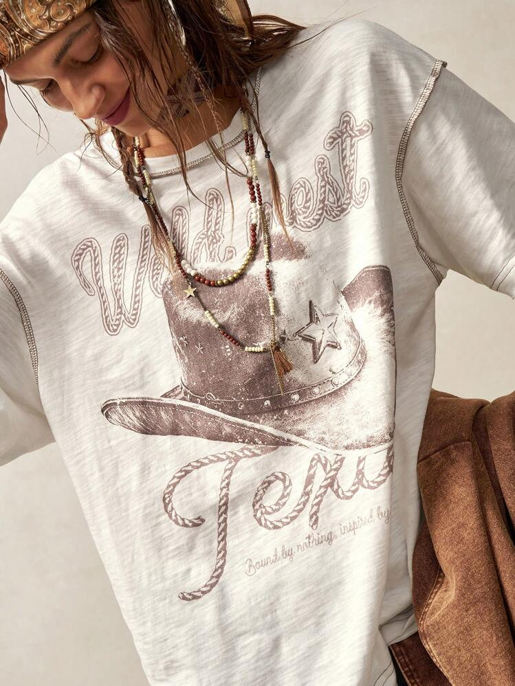 Bohemela Boho Western Cowboy Print Knit Round Neck Short Sleeve Loose Fit Women T-Shirt, Summer | SHEIN