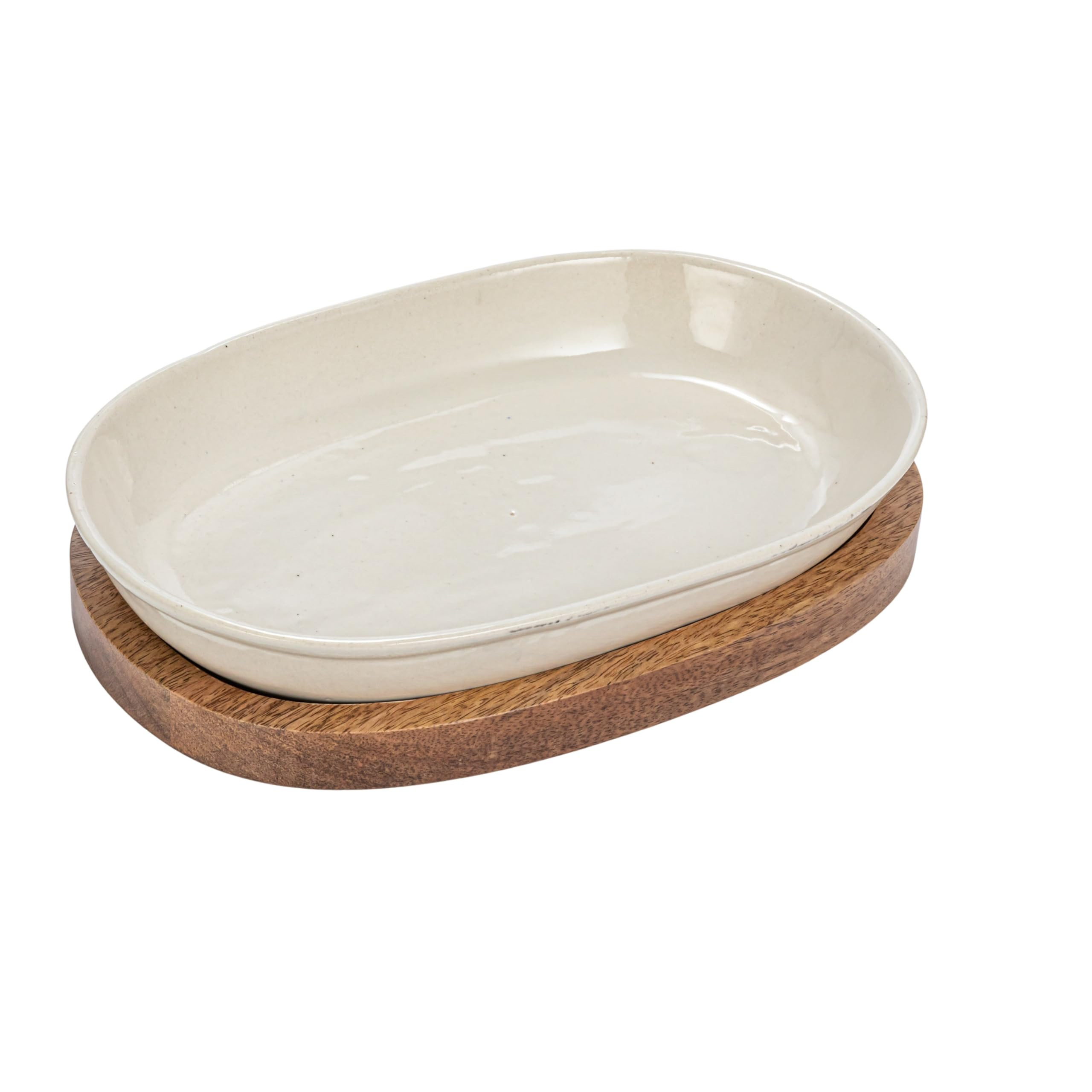 Creative Co-Op Stoneware Serving Dish with Mango Wood Base, Cream and Natural | Amazon (US)